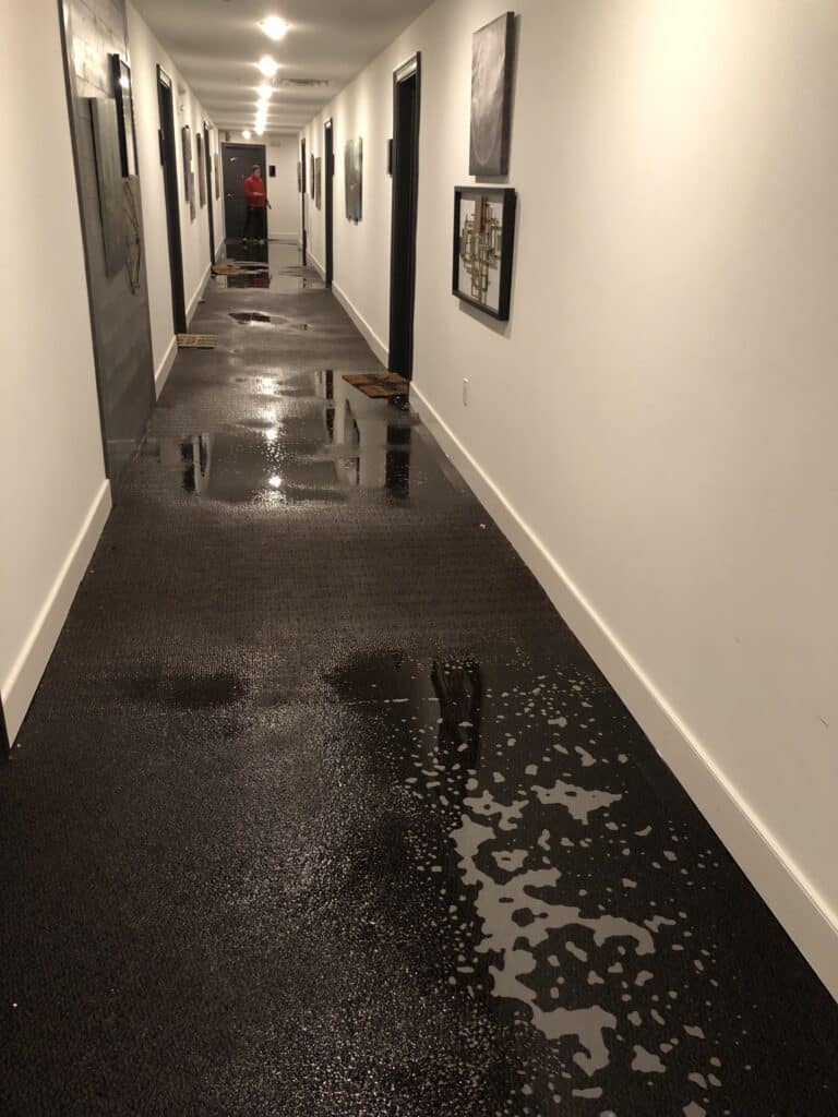 sprinkler line burst causing heavy water damage in a commercial apartment building hallway.