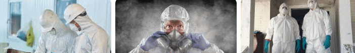 image of technician wearing PPE and respirator with smoke in the background.