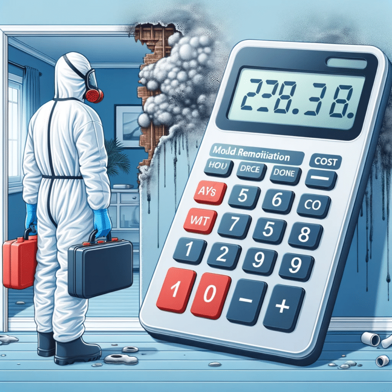 Illustration of a professional in protective gear inspecting a wall for mold. The foreground shows a mold remediation cost calculator.