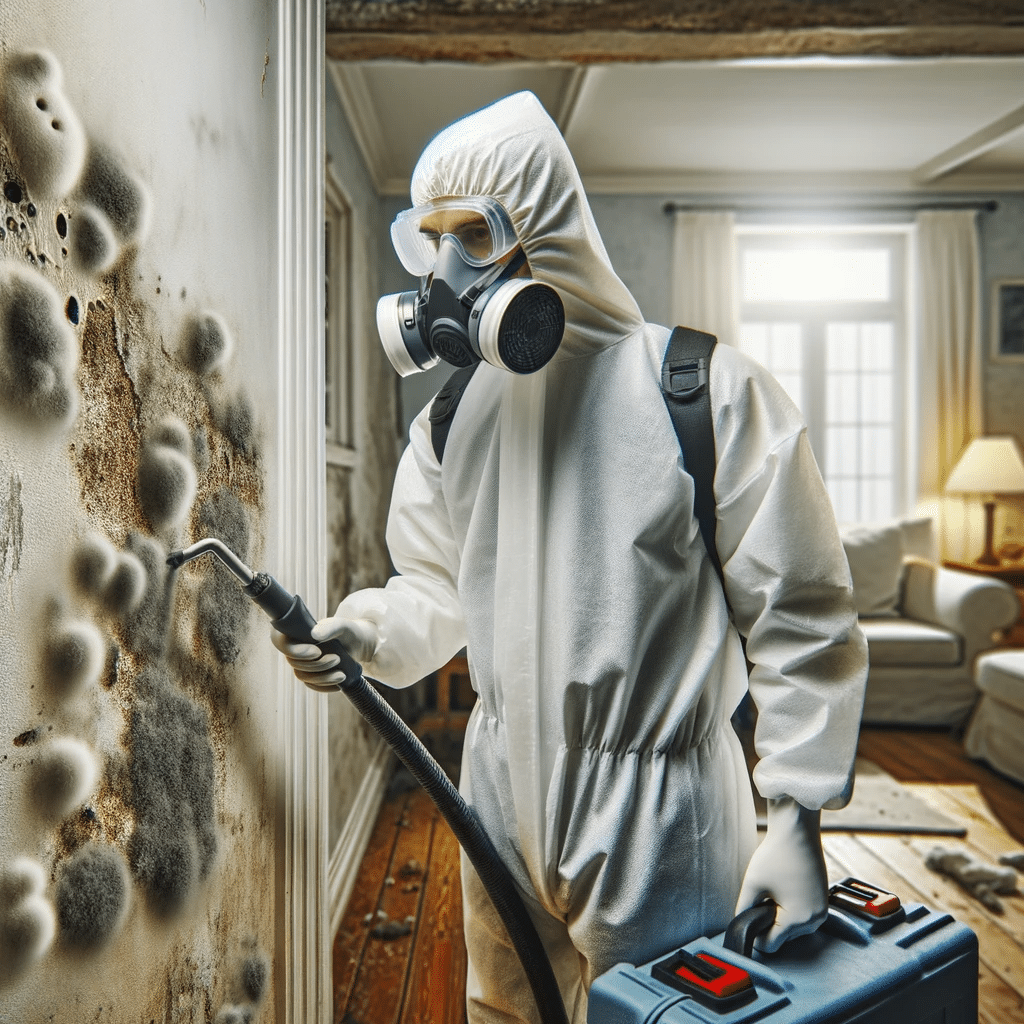 photo of a mold abatement contractor in Columbus Ohio wearing a Tyvek suit