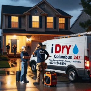 An 'iDry Columbus' van displaying 'Water Damage Restore 247' is parked in front of a house. Illustration