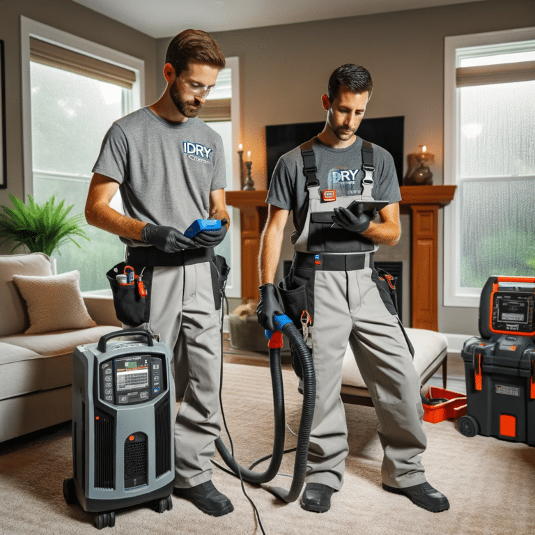An image featuring two technicians from iDry Columbus in the process of performing restoration services at a residential home in Lewis Center, Ohio.