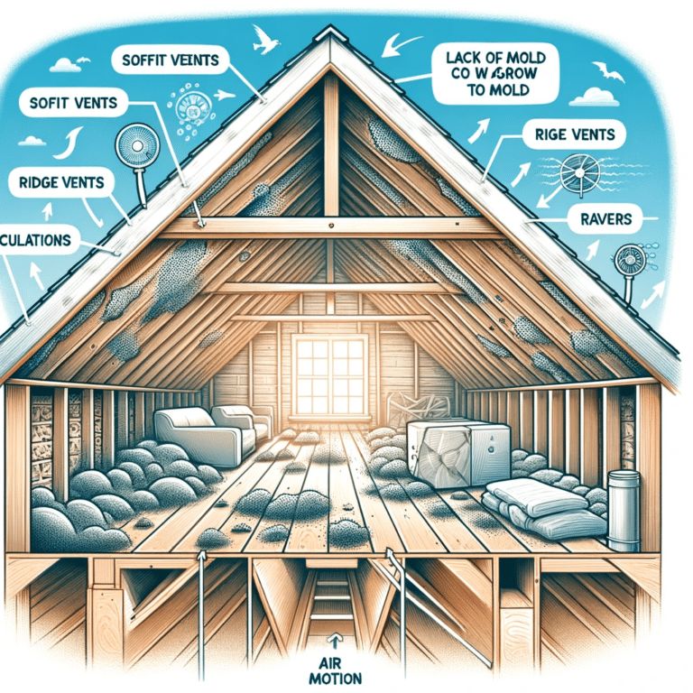 Attic illustration showing ventilation points like soffit ridge and gable vents with areas of mold growth due to poor air flow