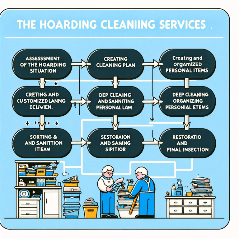 Flowchart showing steps in providing a free hoarding cleanup estimate from assessment and planning to deep cleaning and final restoration