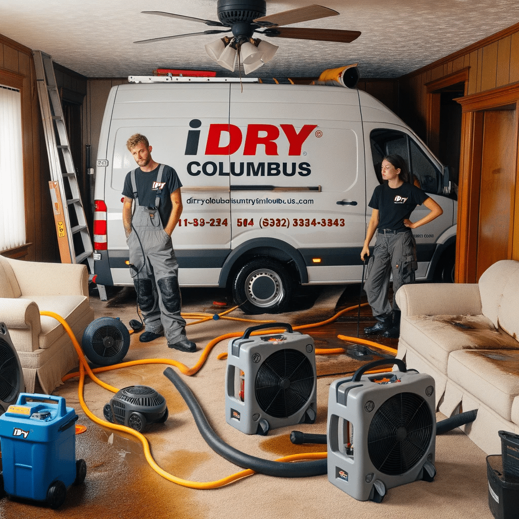 Illustration of a busy restoration scene in a Columbus residence post water damage. An 'iDry Columbus' van is parked outside