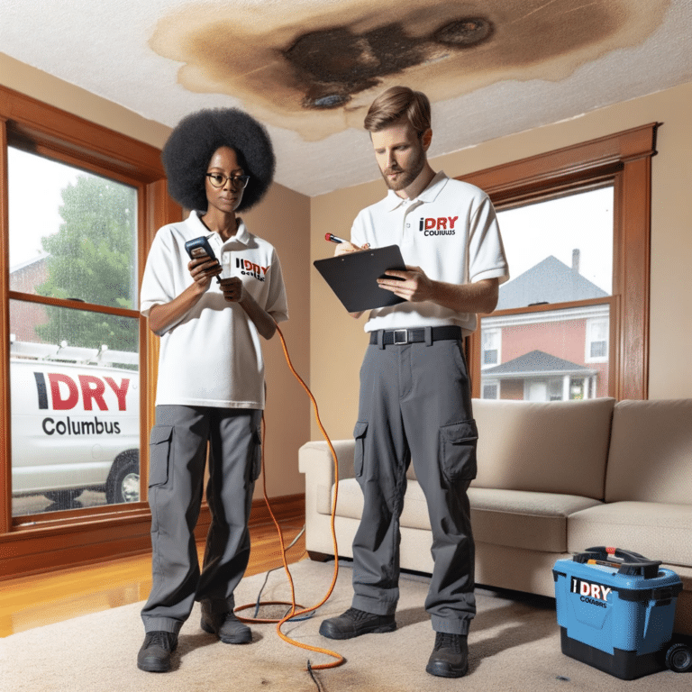 Illustration of restoration company performing water damage inspection services to a home damaged by water and mold by iDry Columbus