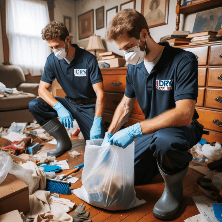 Two men with masks and gloves performing hoarding cleaning services in a room.