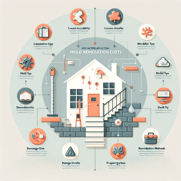 Infographic on mold costs with icons for infestation size, accessibility, mold type, damage, property size, and remediation methods.