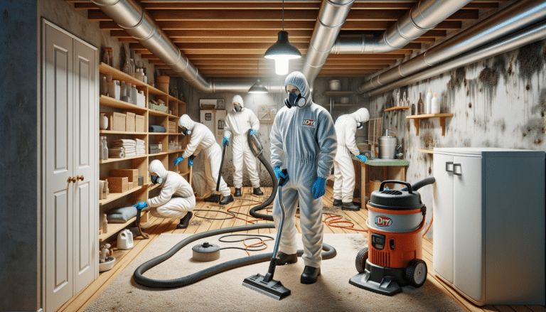 Professional team from iDry Columbus in protective gear performing mold removal in a residential basement in Westerville, Ohio