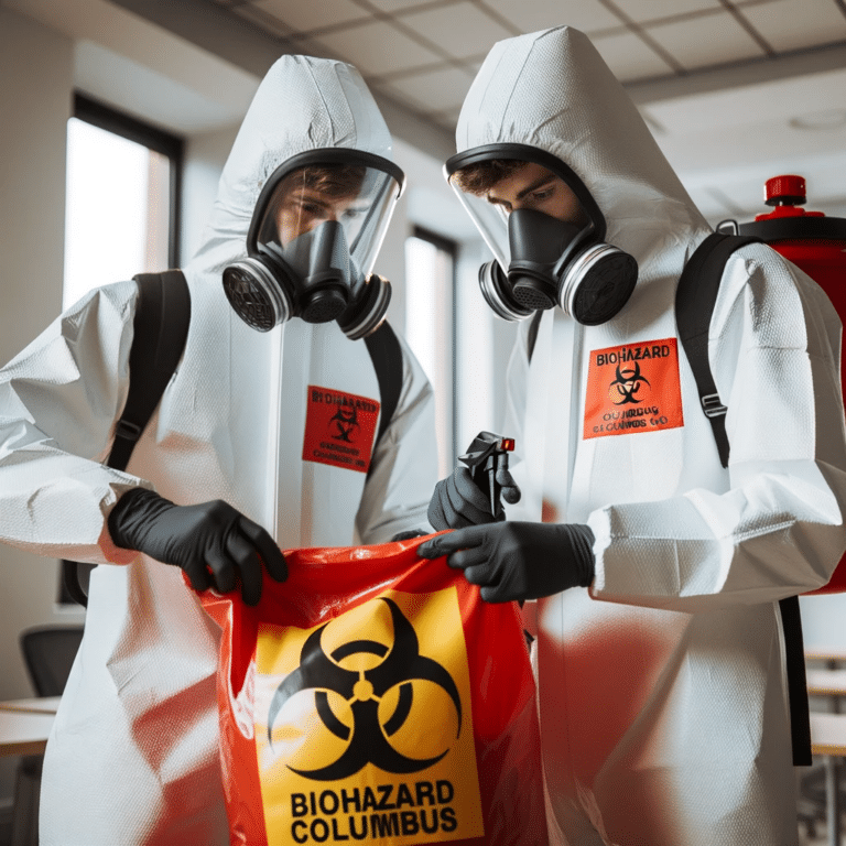 Two people in protective suits conducting biohazard cleanup in a room with a bag.