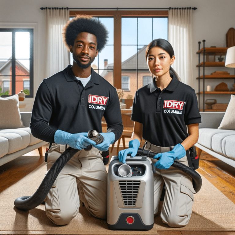 Two iDry Columbus technicians, in professional uniforms, performing cigarette odor removal in a Columbus home with advanced equipment, showcasing efficiency and expertise.