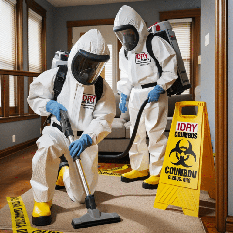 iDry Columbus, dressed in full protective hazmat suits with visors, gloves, and boots, performing biohazard cleanup services in Columbus, Ohio