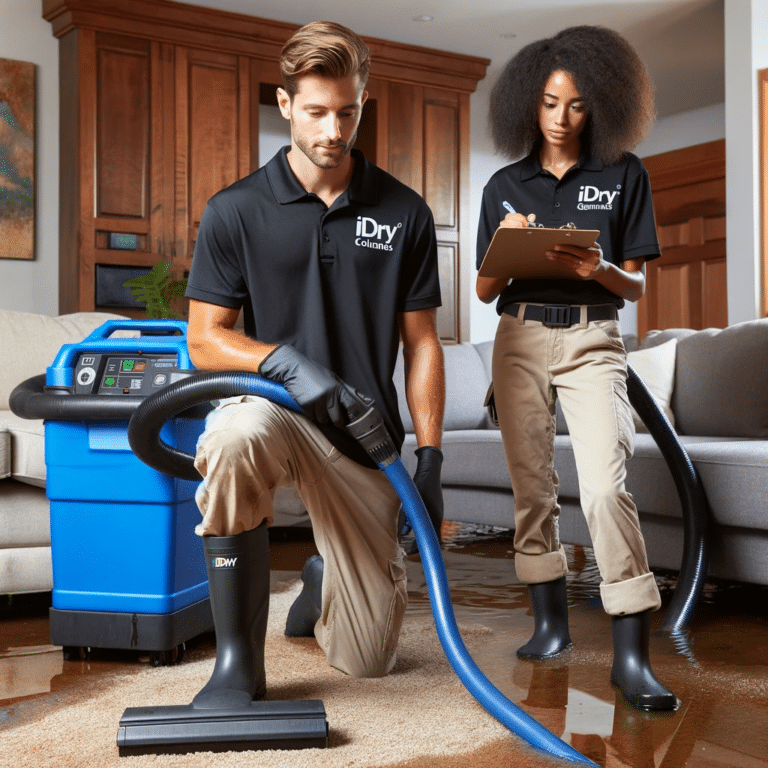 Two people from a water mitigation company working with a vacuum in a living room.