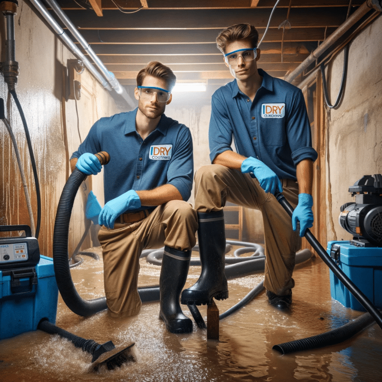Two men standing in a flooded basement, conducting Sewage Backup Cleanup.