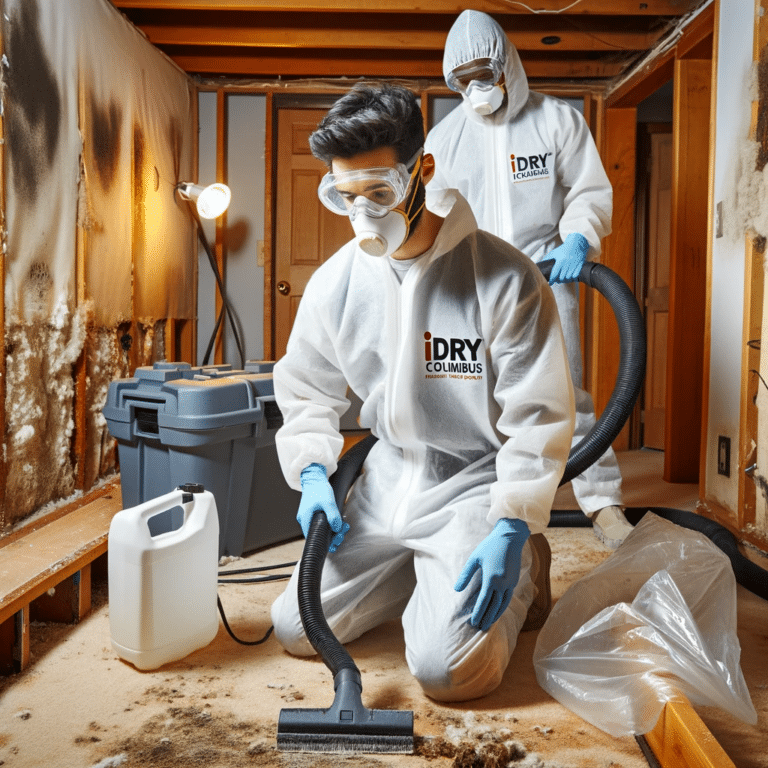 iDry Columbus technicians, both wearing protective white coveralls while performing mold remediation (mold cleanup) in New Albany, Ohio