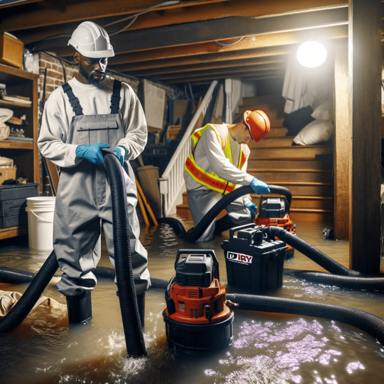 iDry Columbus technicians in protective gear using sump pumps and industrial vacuums to remove water from a flooded basement in New Albany