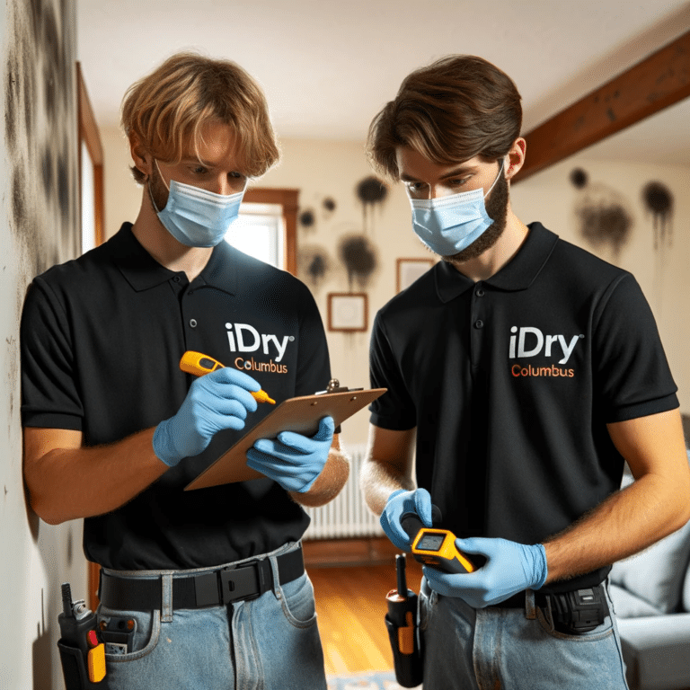 Two men wearing masks and gloves offer a free mold inspection in a room.