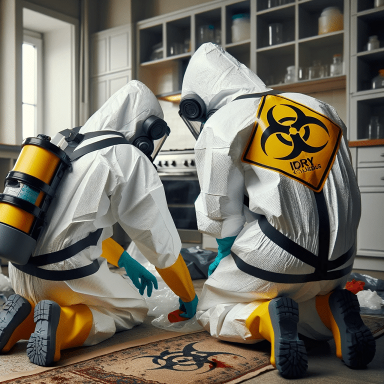 iDry Columbus technicians wearing full personal protective equipment (PPE), with their backs turned to the camera, cleaning up a crime scene
