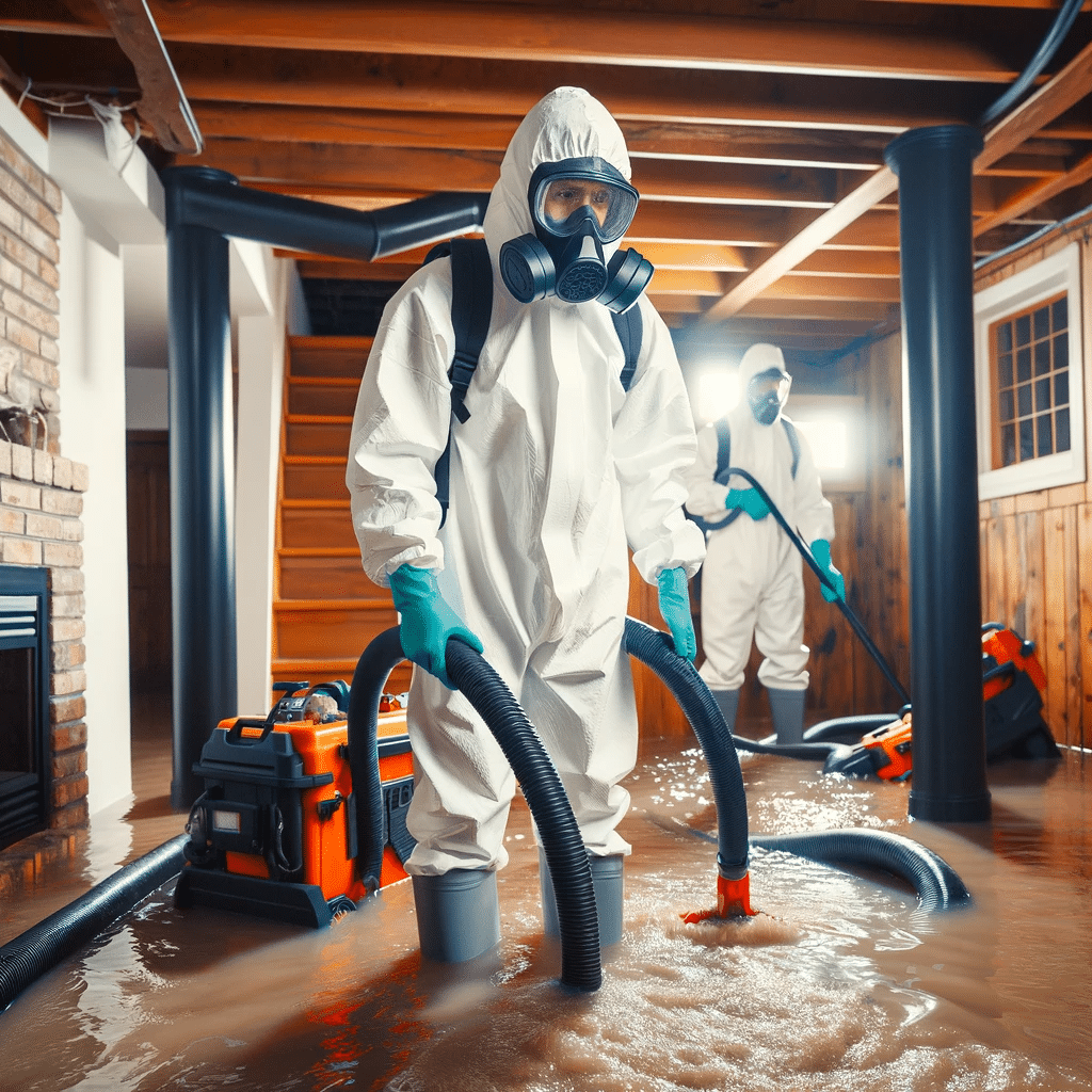 iDry Columbus technicians wearing full ppe, with respirator, removing sewage from a home's basement