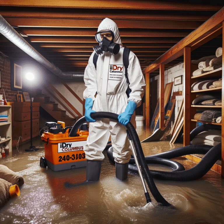 iDry Columbus technicians wearing full protective hazmat suits, with gloves and safety goggles, cleaning up a sewage backup in a residential