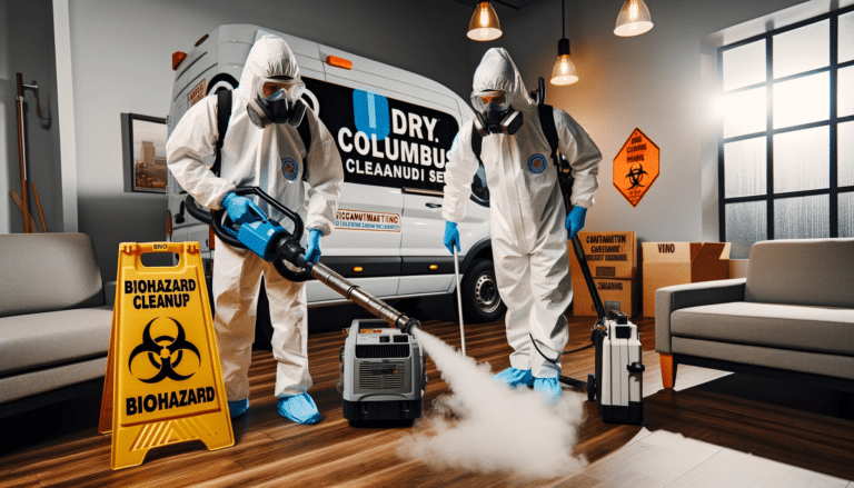 iDry Columbus technicians wearing protective gear and cleaning a biohazard scene in Columbus, Ohio.