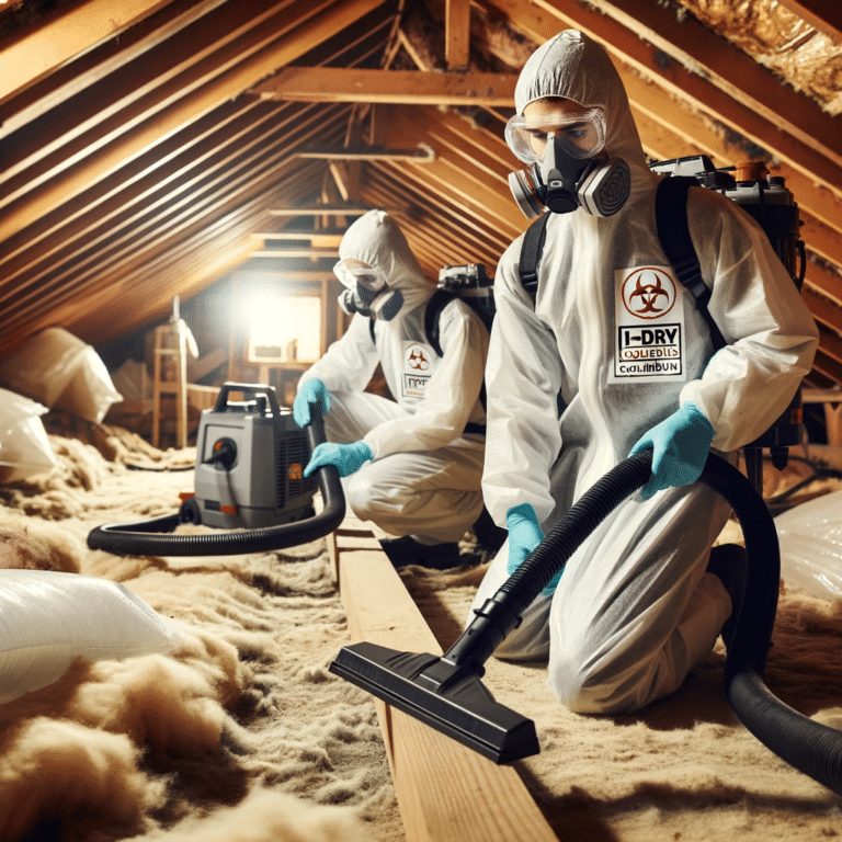 iDry Columbus technicians wearing protective suits and masks, performing mold remediation in a dusty, wood-framed attic in Columbus, Ohio.