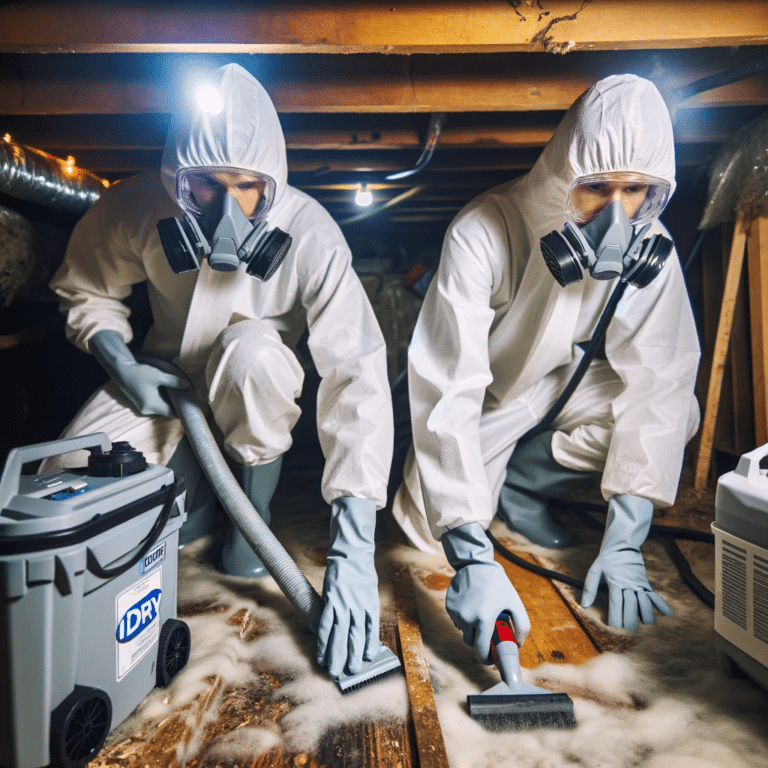 iDry Columbus wearing protective white suits and safety masks are cleaning up mold in a cramped and dimly lit crawlspace