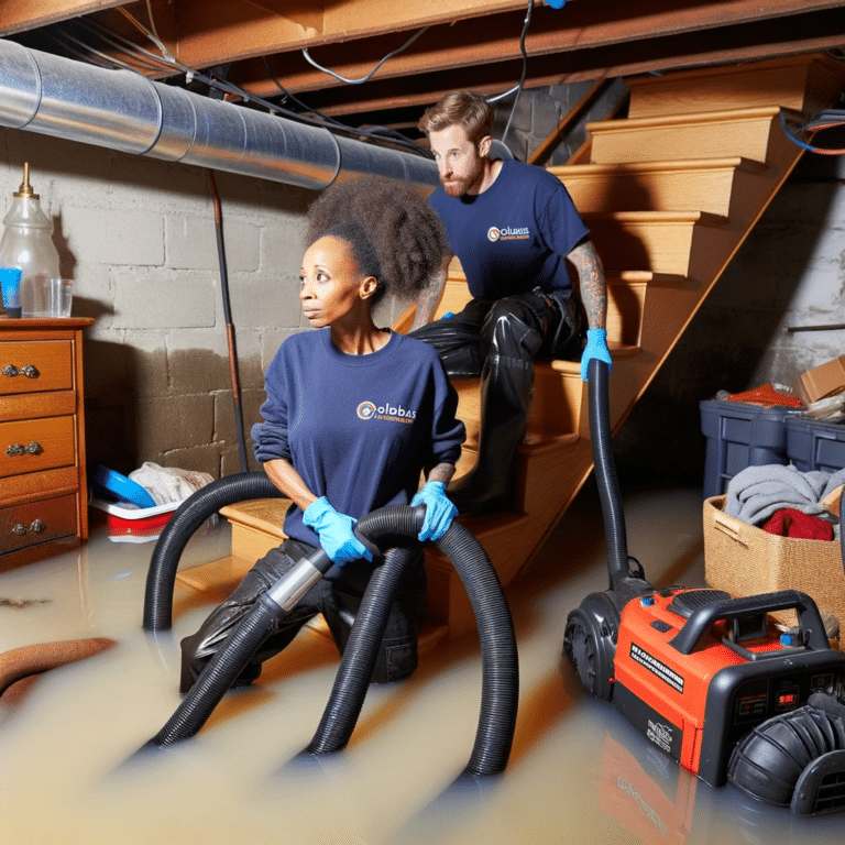 Two individuals diligently conducting flooded basement cleanup.