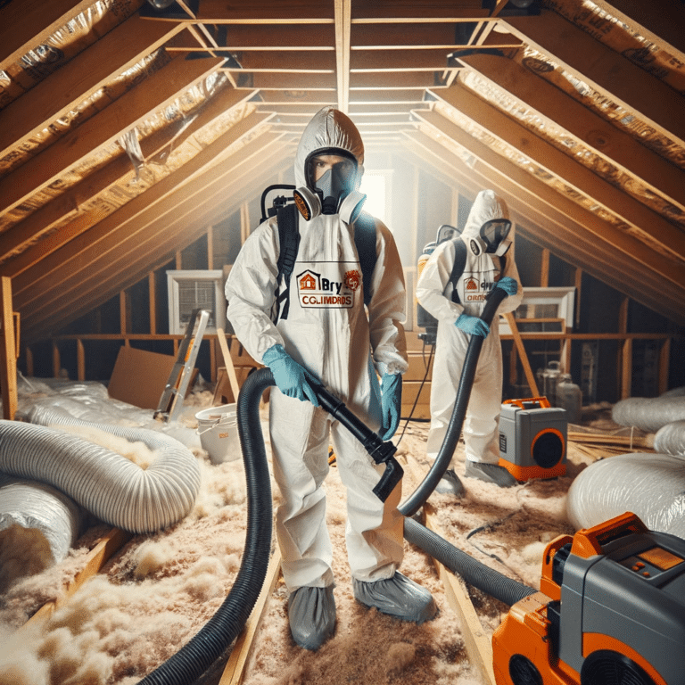 technicians wearing protective suits while cleaning mold out of an attic