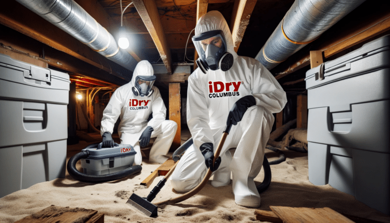 two technicians from iDry Columbus, dressed in white protective suits with safety helmets and face masks, cleaning up mold in a crawlspace