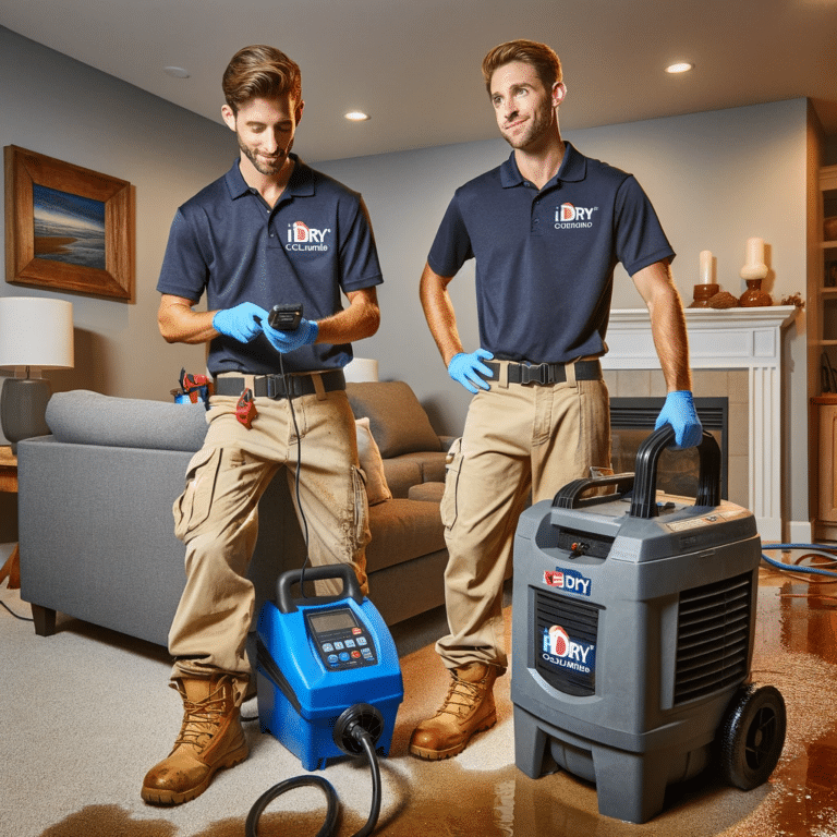 Two men, representing a water mitigation company, standing in front of a living room with a vacuum.