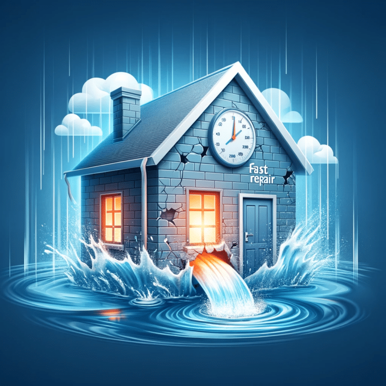 A visual representation of a house with a frozen, broken or burst pipe, symbolizing fast repair tips for home flooding.