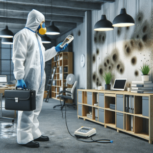 Professional mold inspector in protective gear using a moisture meter in a commercial setting, with office furniture and industrial shelving in the background showing subtle signs of mold.