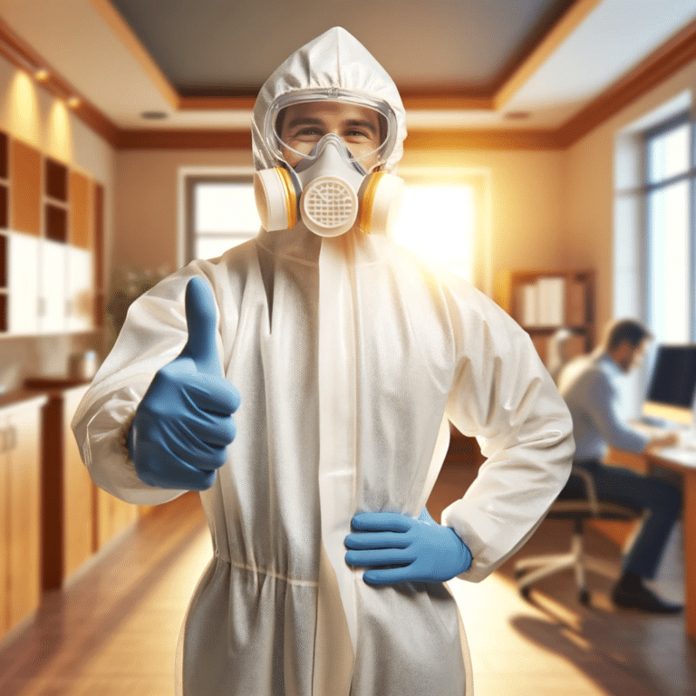 Professional technician in protective gear giving a thumbs-up in a clean, well-maintained commercial space, symbolizing trust and reliability in emergency mold remediation services.