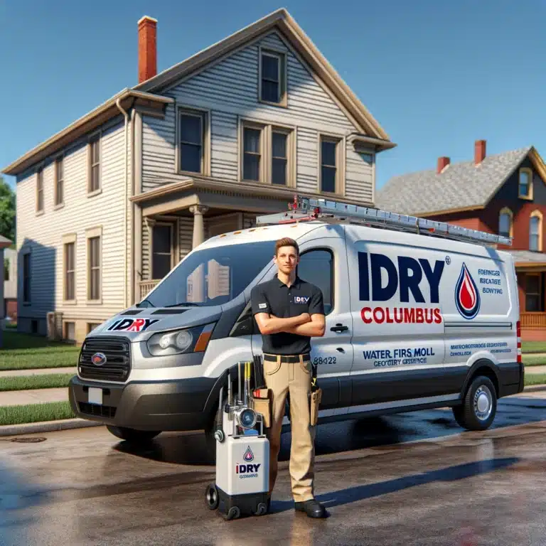 The image provided is a realistic representation of an iDry Columbus work van parked in a residential neighborhood with a technician standing by ready to respond to emergencies