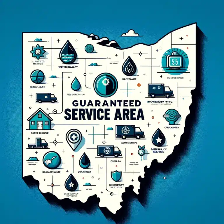A map of Central Ohio highlighted to show the Guaranteed Service Area of iDry Columbus, with icons representing the various services offered (such as water damage restoration, mold remediation, etc.)